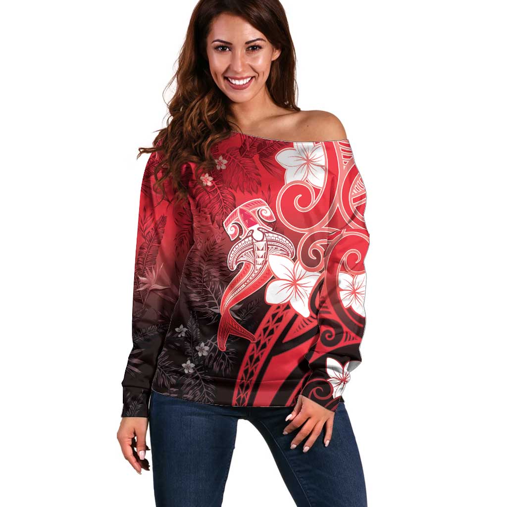 Polynesia Hammerhead Shark Off Shoulder Sweater Red Tribal Pattern With Plumeria - Polynesian Pride