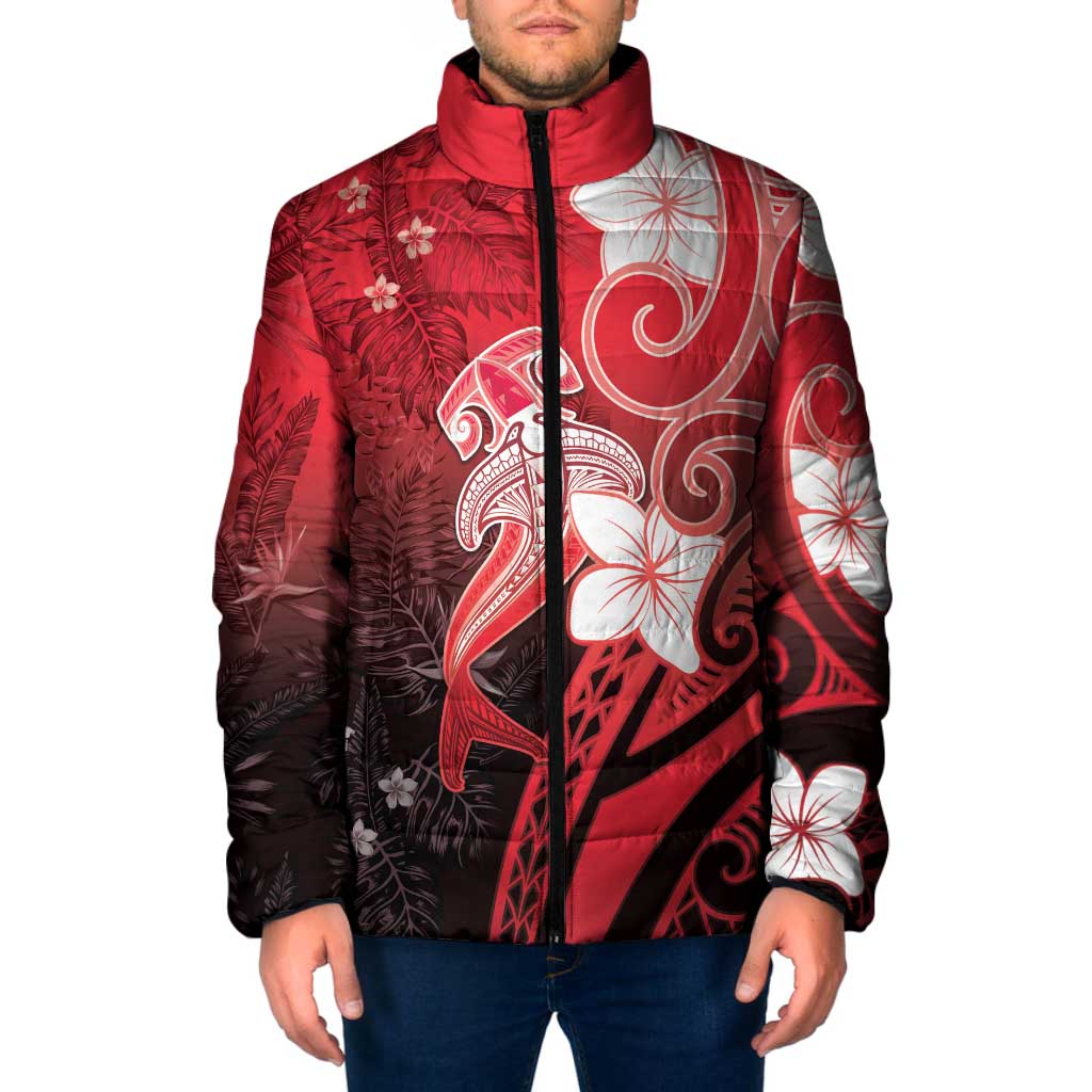 Polynesia Hammerhead Shark Padded Jacket Red Tribal Pattern With Plumeria - Polynesian Pride