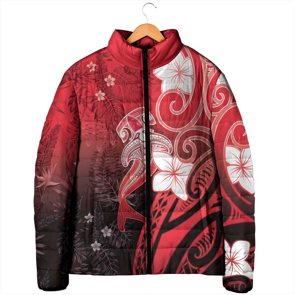 Polynesia Hammerhead Shark Padded Jacket Red Tribal Pattern With Plumeria - Polynesian Pride