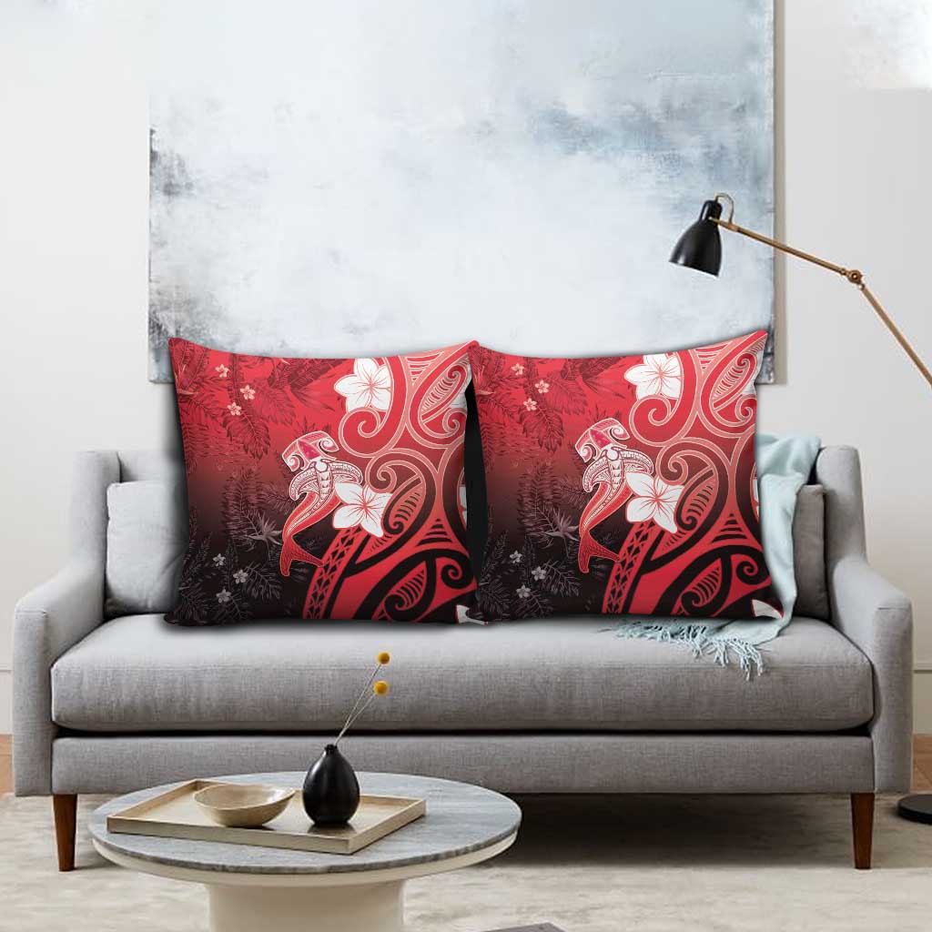 Polynesia Hammerhead Shark Pillow Cover Red Tribal Pattern With Plumeria - Polynesian Pride