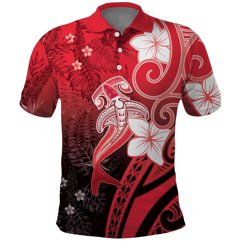 Polynesia Hammerhead Shark Polo Shirt Red Tribal Pattern With Plumeria LT05 Red - Polynesian Pride