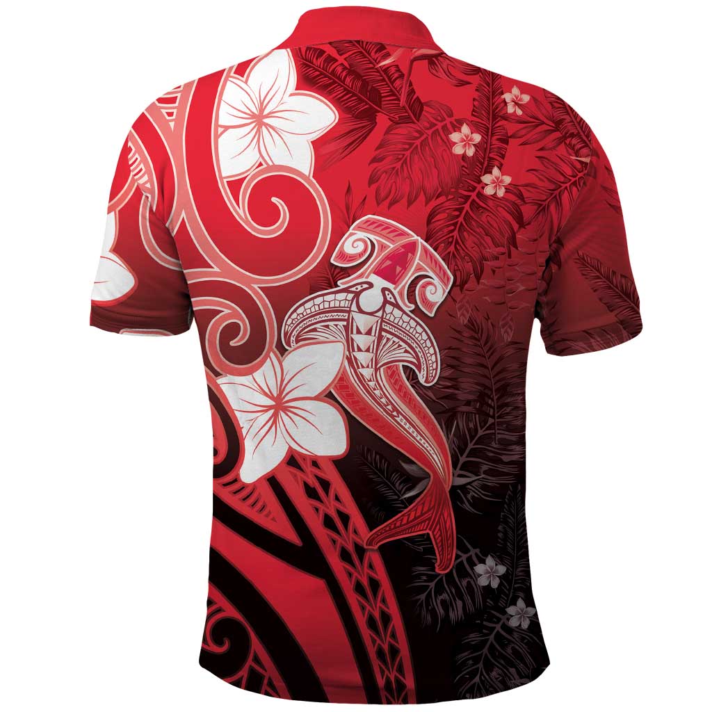 Polynesia Hammerhead Shark Polo Shirt Red Tribal Pattern With Plumeria LT05 - Polynesian Pride