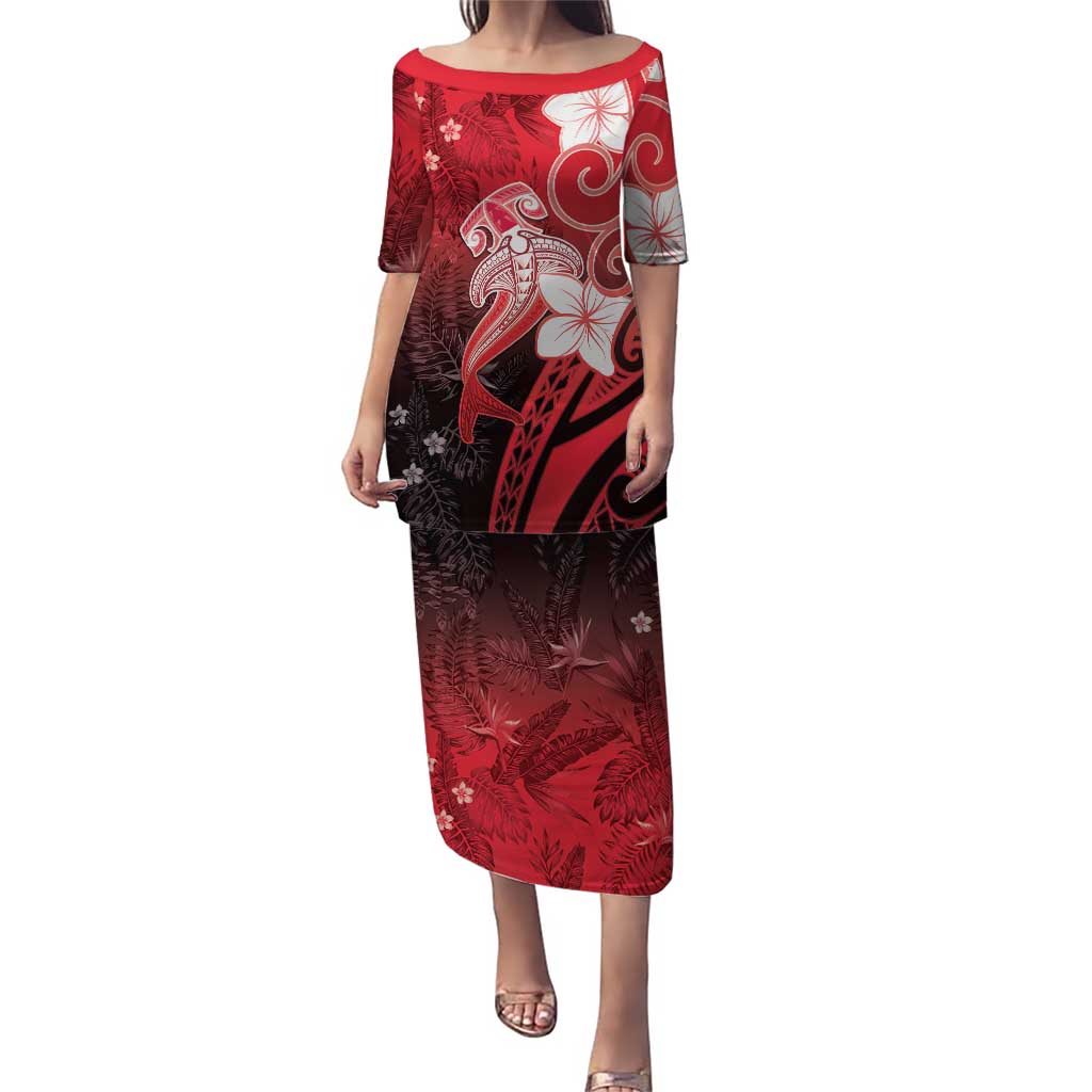 Polynesia Hammerhead Shark Puletasi Red Tribal Pattern With Plumeria LT05 Long Dress Red - Polynesian Pride