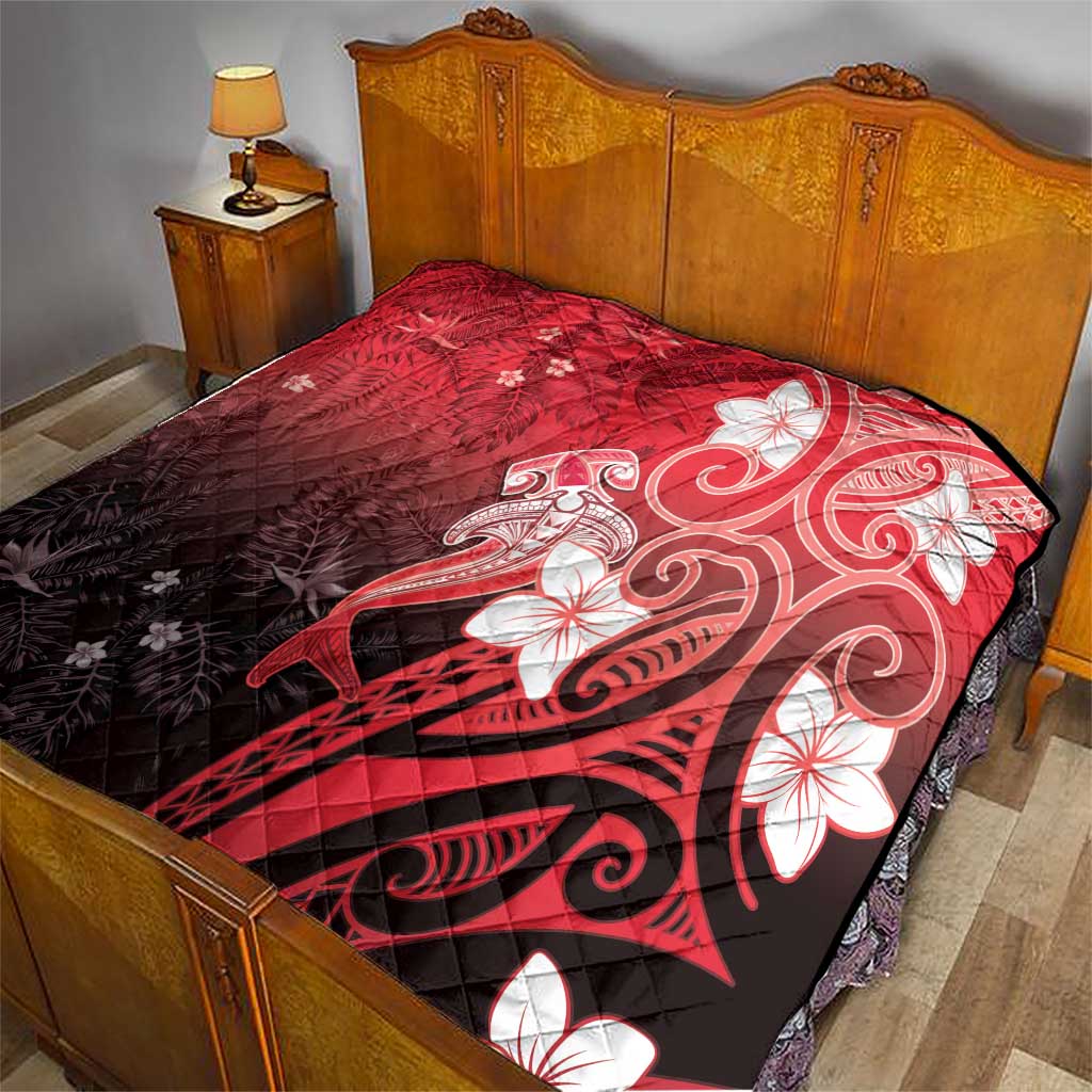 Polynesia Hammerhead Shark Quilt Red Tribal Pattern With Plumeria - Polynesian Pride