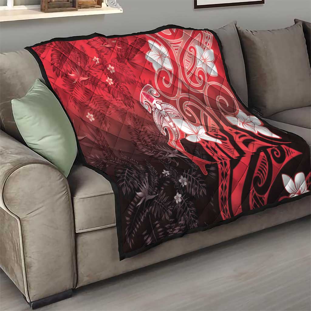 Polynesia Hammerhead Shark Quilt Red Tribal Pattern With Plumeria - Polynesian Pride