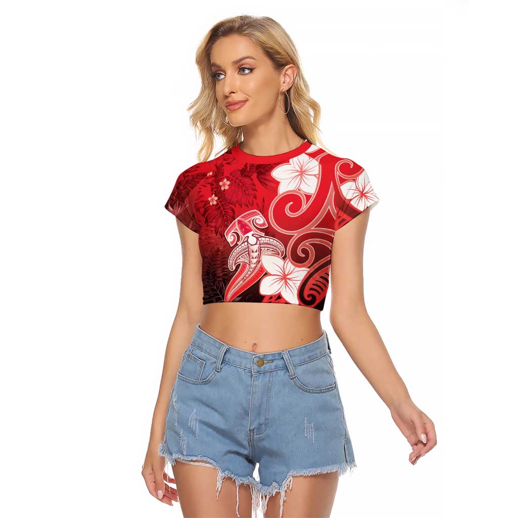 Polynesia Hammerhead Shark Raglan Cropped T Shirt Red Tribal Pattern With Plumeria LT05 Female Red - Polynesian Pride
