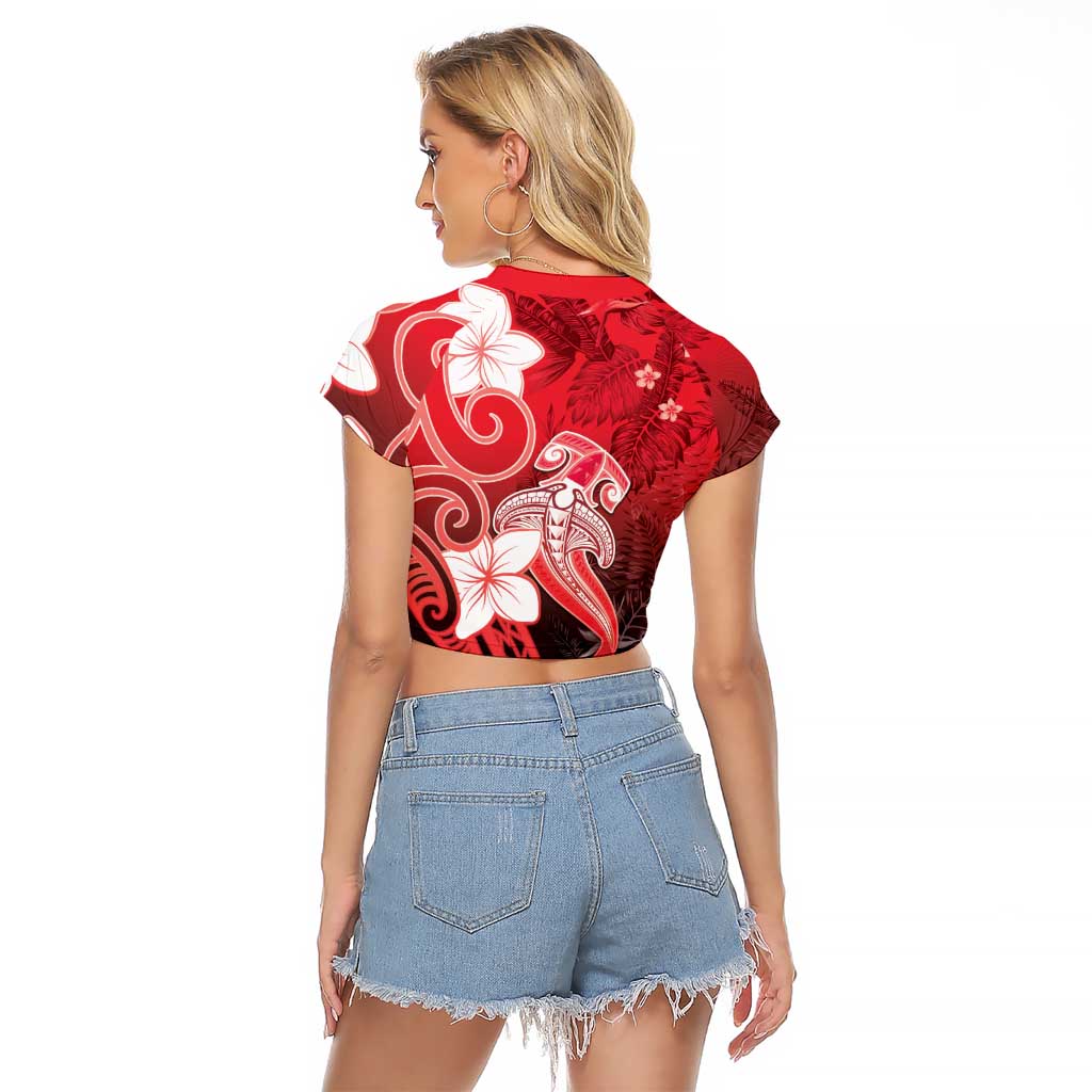 Polynesia Hammerhead Shark Raglan Cropped T Shirt Red Tribal Pattern With Plumeria LT05 - Polynesian Pride