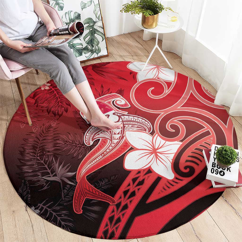 Polynesia Hammerhead Shark Round Carpet Red Tribal Pattern With Plumeria - Polynesian Pride