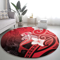 Polynesia Hammerhead Shark Round Carpet Red Tribal Pattern With Plumeria - Polynesian Pride