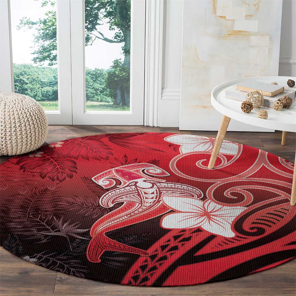 Polynesia Hammerhead Shark Round Carpet Red Tribal Pattern With Plumeria - Polynesian Pride