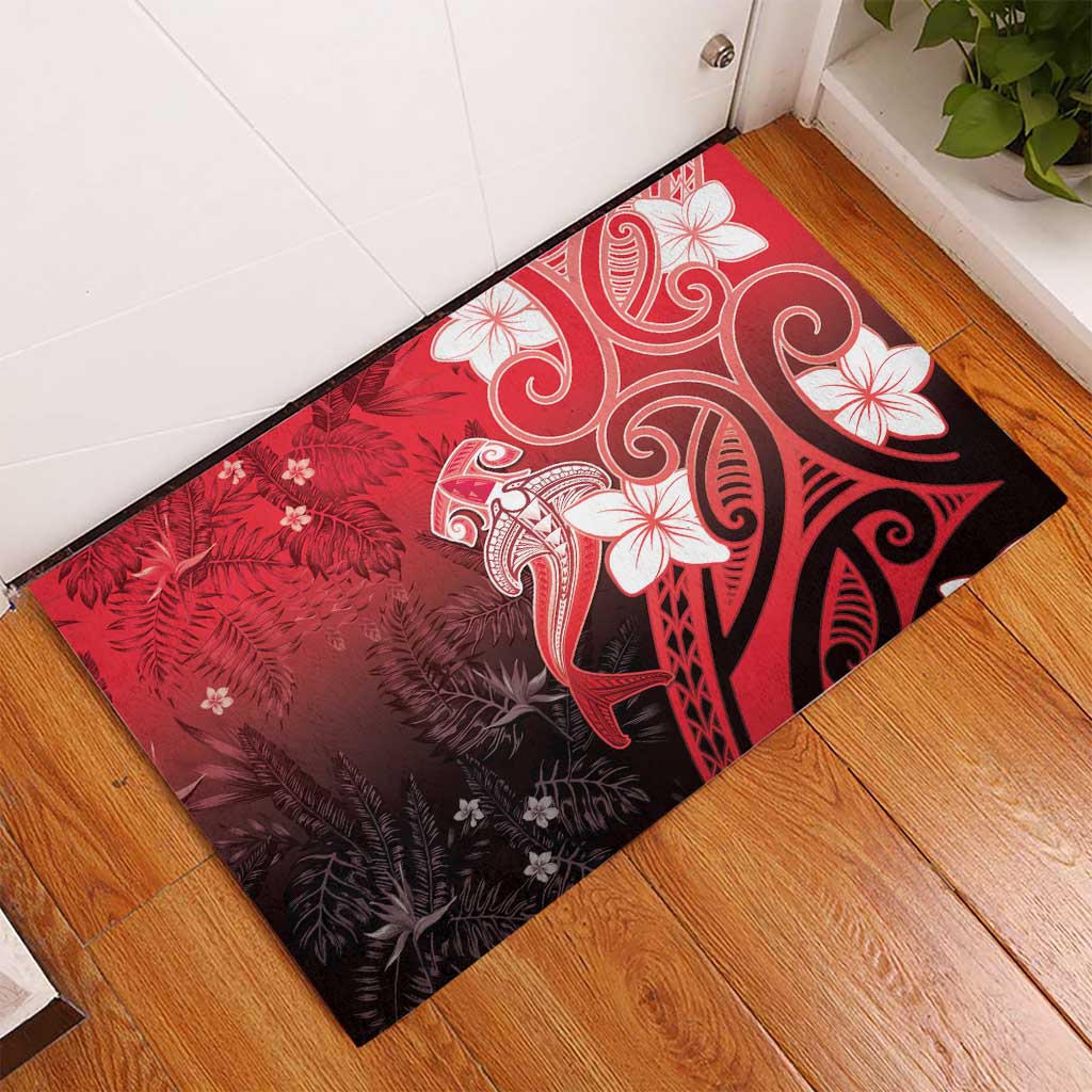 Polynesia Hammerhead Shark Rubber Doormat Red Tribal Pattern With Plumeria LT05 - Polynesian Pride
