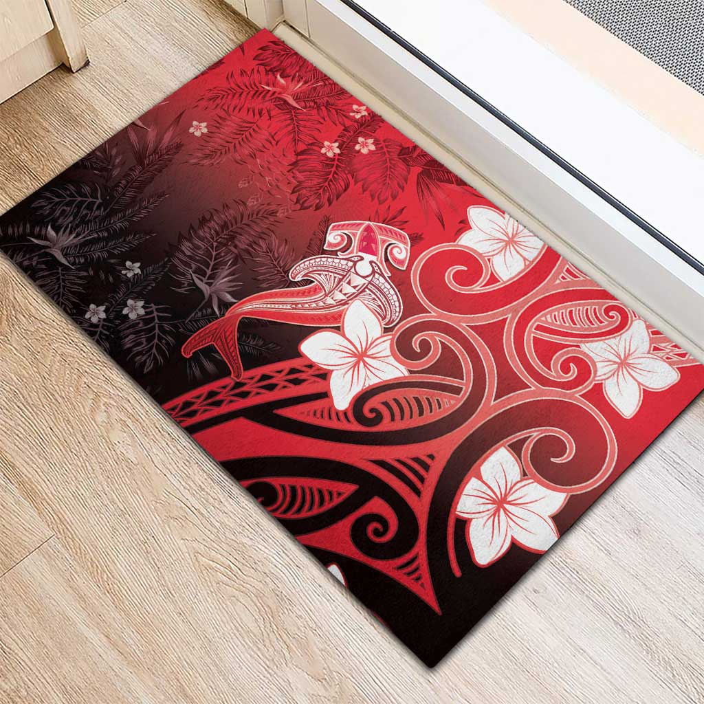 Polynesia Hammerhead Shark Rubber Doormat Red Tribal Pattern With Plumeria LT05 - Polynesian Pride