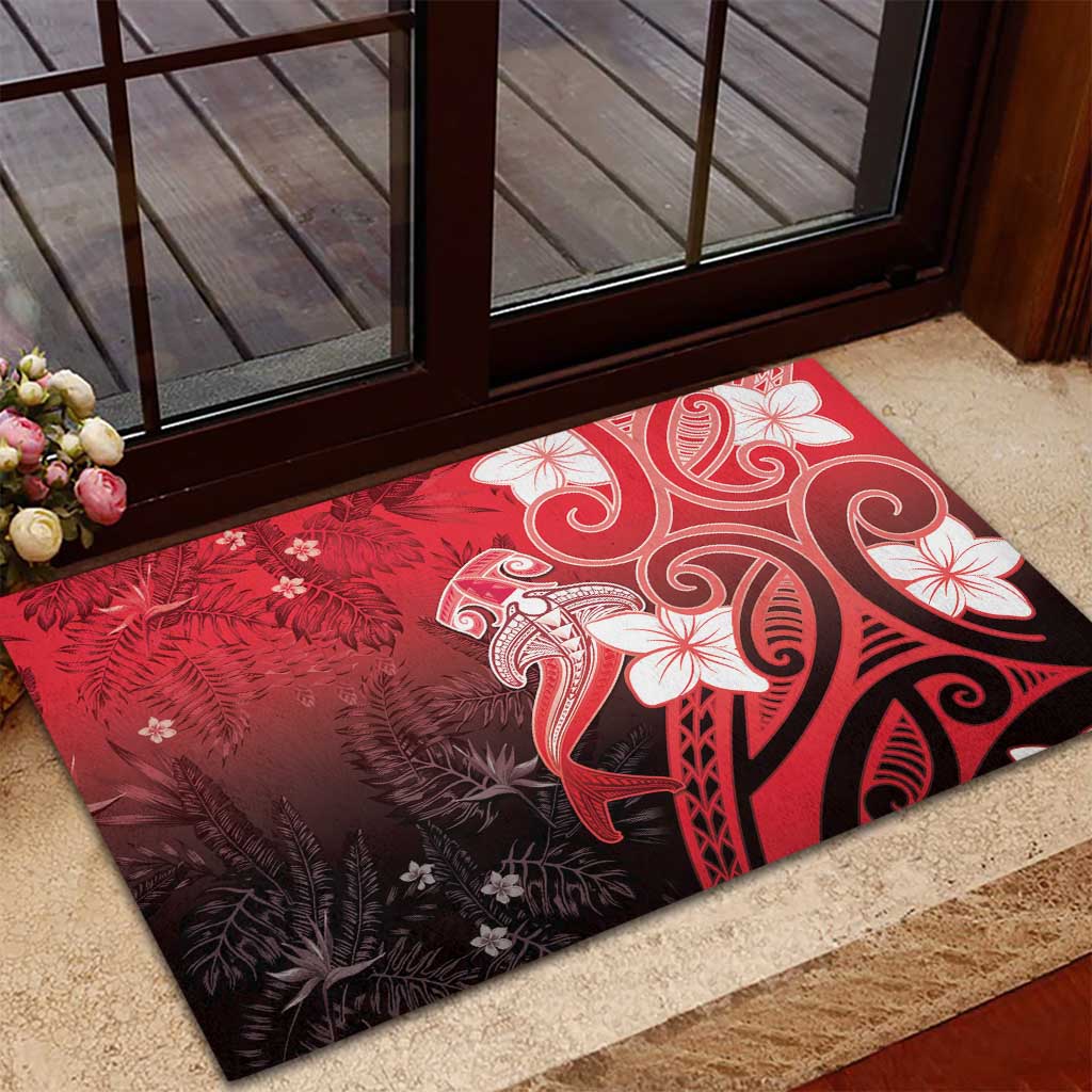 Polynesia Hammerhead Shark Rubber Doormat Red Tribal Pattern With Plumeria LT05 - Polynesian Pride