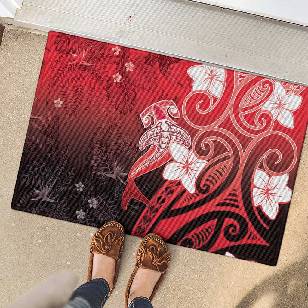 Polynesia Hammerhead Shark Rubber Doormat Red Tribal Pattern With Plumeria LT05 - Polynesian Pride