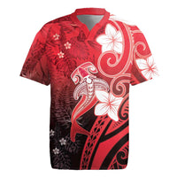 Polynesia Hammerhead Shark Rugby Jersey Red Tribal Pattern With Plumeria - Polynesian Pride