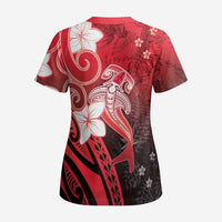 Polynesia Hammerhead Shark Scrub Top Red Tribal Pattern With Plumeria - Polynesian Pride