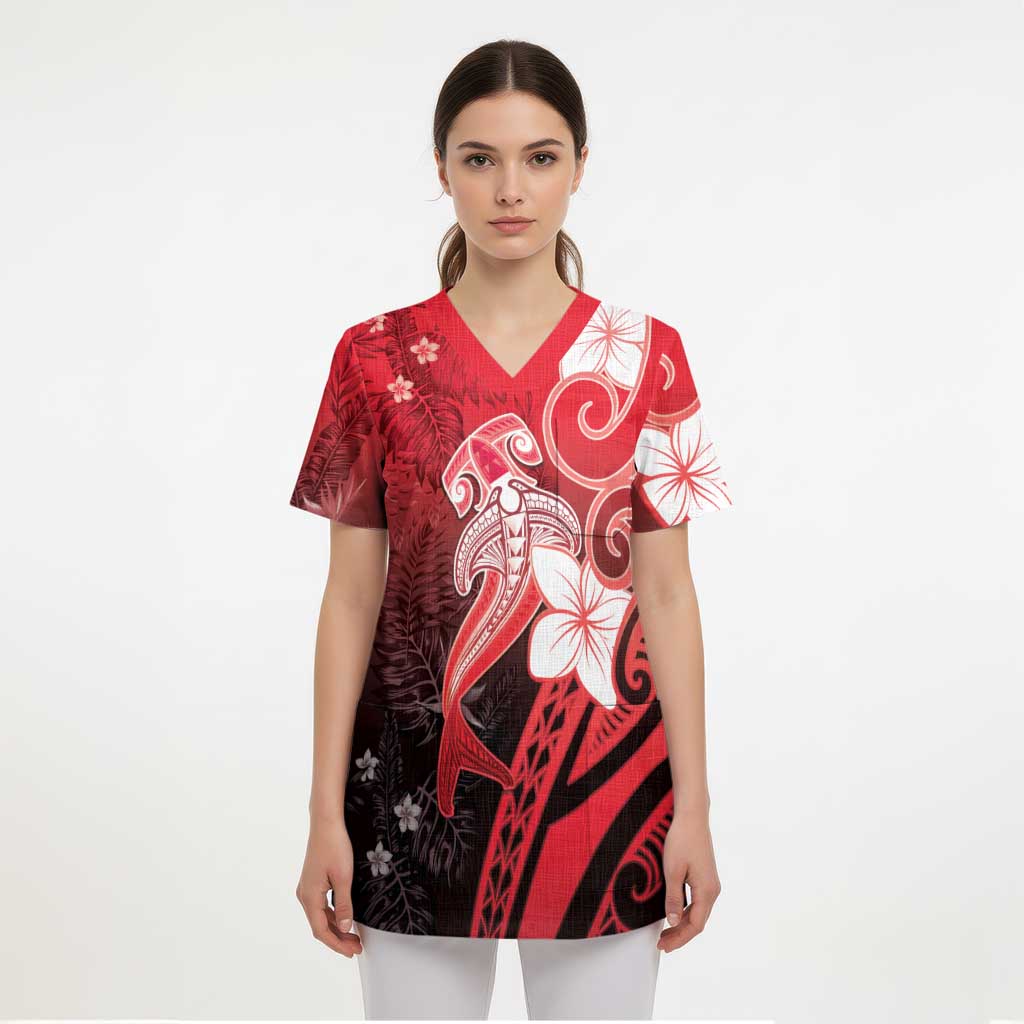 Polynesia Hammerhead Shark Scrub Top Red Tribal Pattern With Plumeria - Polynesian Pride
