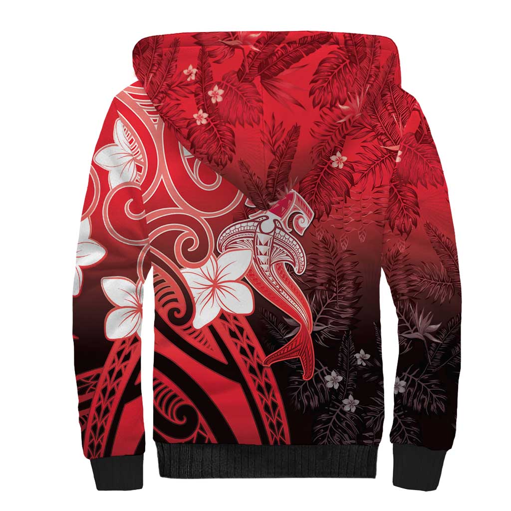 Polynesia Hammerhead Shark Sherpa Hoodie Red Tribal Pattern With Plumeria - Polynesian Pride