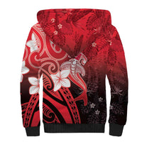 Polynesia Hammerhead Shark Sherpa Hoodie Red Tribal Pattern With Plumeria - Polynesian Pride