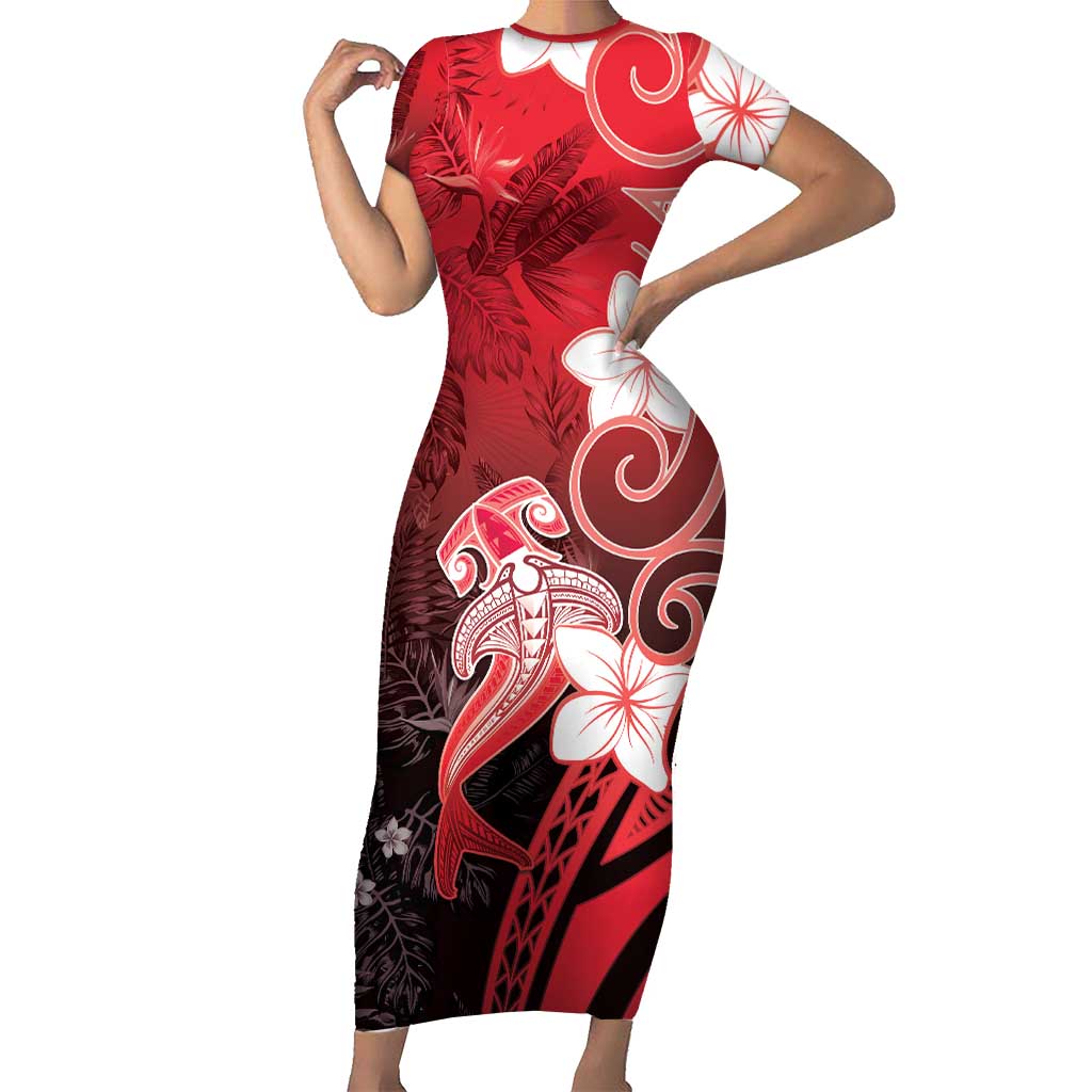 Polynesia Hammerhead Shark Short Sleeve Bodycon Dress Red Tribal Pattern With Plumeria LT05 Long Dress Red - Polynesian Pride