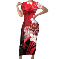 Polynesia Hammerhead Shark Short Sleeve Bodycon Dress Red Tribal Pattern With Plumeria LT05 Long Dress Red - Polynesian Pride