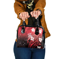 Polynesia Hammerhead Shark Shoulder Handbag Red Tribal Pattern With Plumeria - Polynesian Pride