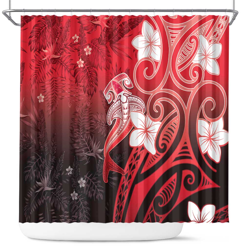 Polynesia Hammerhead Shark Shower Curtain Red Tribal Pattern With Plumeria - Polynesian Pride