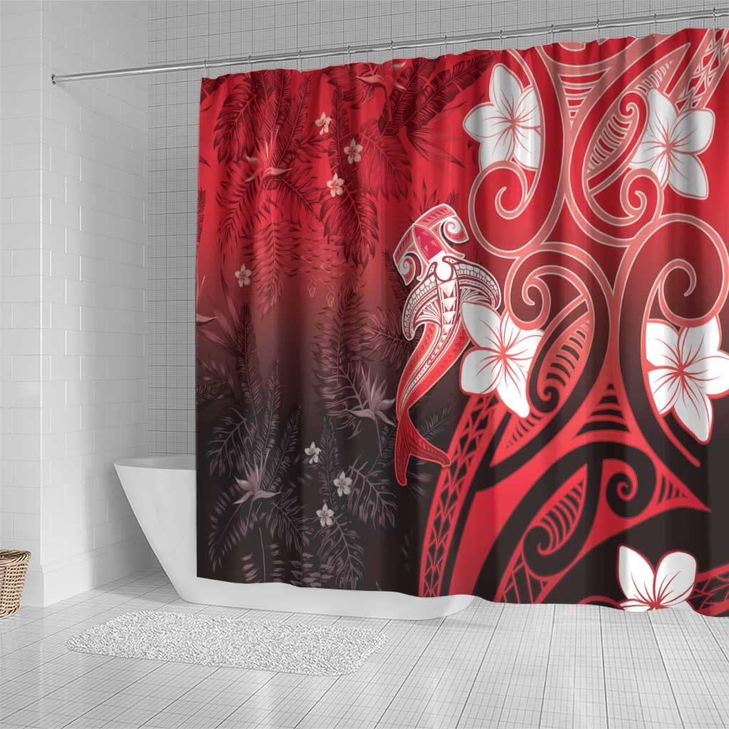 Polynesia Hammerhead Shark Shower Curtain Red Tribal Pattern With Plumeria - Polynesian Pride