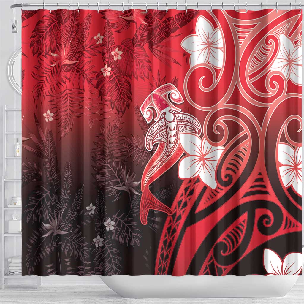 Polynesia Hammerhead Shark Shower Curtain Red Tribal Pattern With Plumeria - Polynesian Pride
