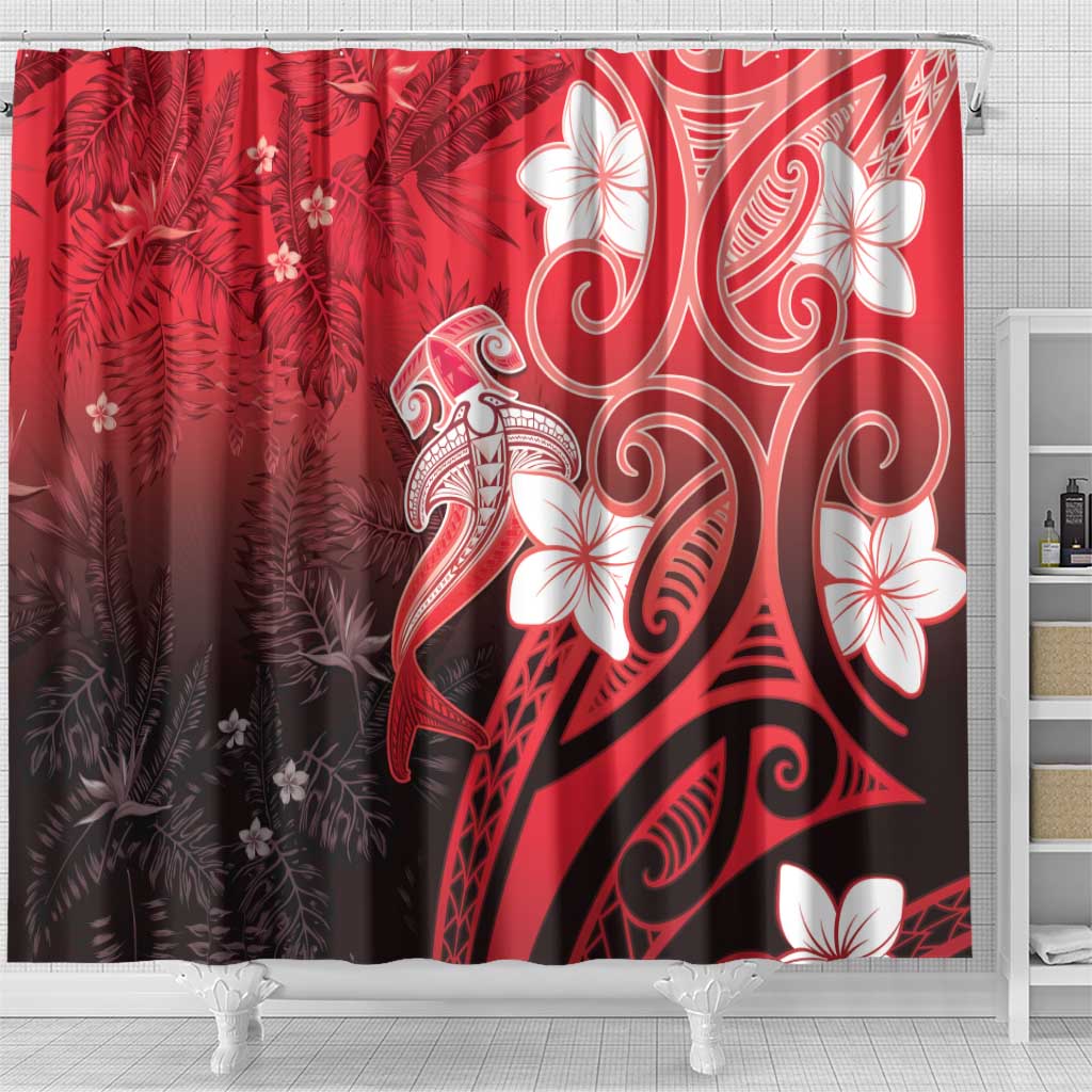 Polynesia Hammerhead Shark Shower Curtain Red Tribal Pattern With Plumeria - Polynesian Pride