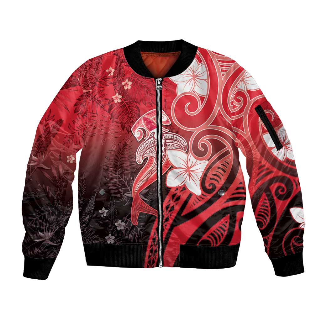 Polynesia Hammerhead Shark Sleeve Zip Bomber Jacket Red Tribal Pattern With Plumeria - Polynesian Pride