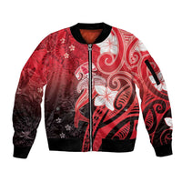 Polynesia Hammerhead Shark Sleeve Zip Bomber Jacket Red Tribal Pattern With Plumeria - Polynesian Pride