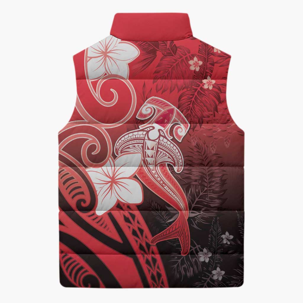Polynesia Hammerhead Shark Sleeveless Puffer Jacket Red Tribal Pattern With Plumeria - Polynesian Pride