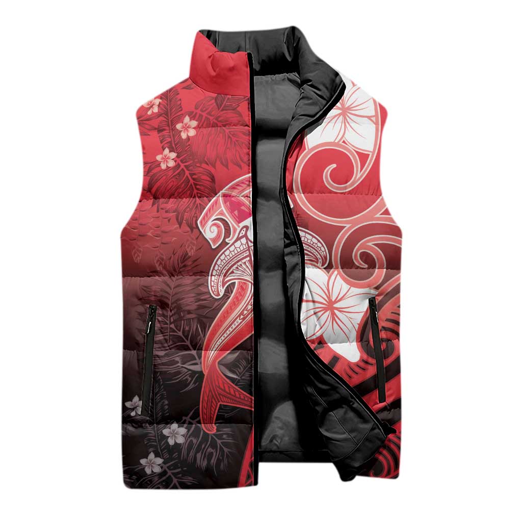 Polynesia Hammerhead Shark Sleeveless Puffer Jacket Red Tribal Pattern With Plumeria - Polynesian Pride