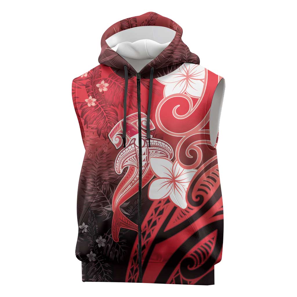 Polynesia Hammerhead Shark Sleeveless Zip Hoodie Red Tribal Pattern With Plumeria - Polynesian Pride