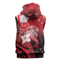 Polynesia Hammerhead Shark Sleeveless Zip Hoodie Red Tribal Pattern With Plumeria - Polynesian Pride