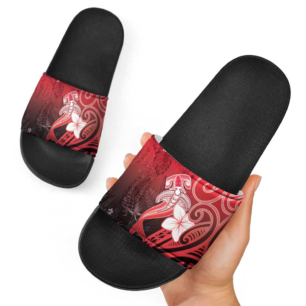 Polynesia Hammerhead Shark Slide Sandals Red Tribal Pattern With Plumeria - Polynesian Pride