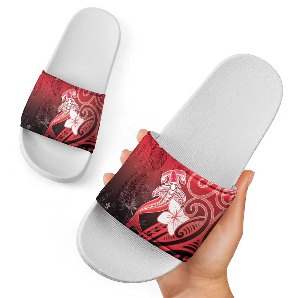 Polynesia Hammerhead Shark Slide Sandals Red Tribal Pattern With Plumeria - Polynesian Pride