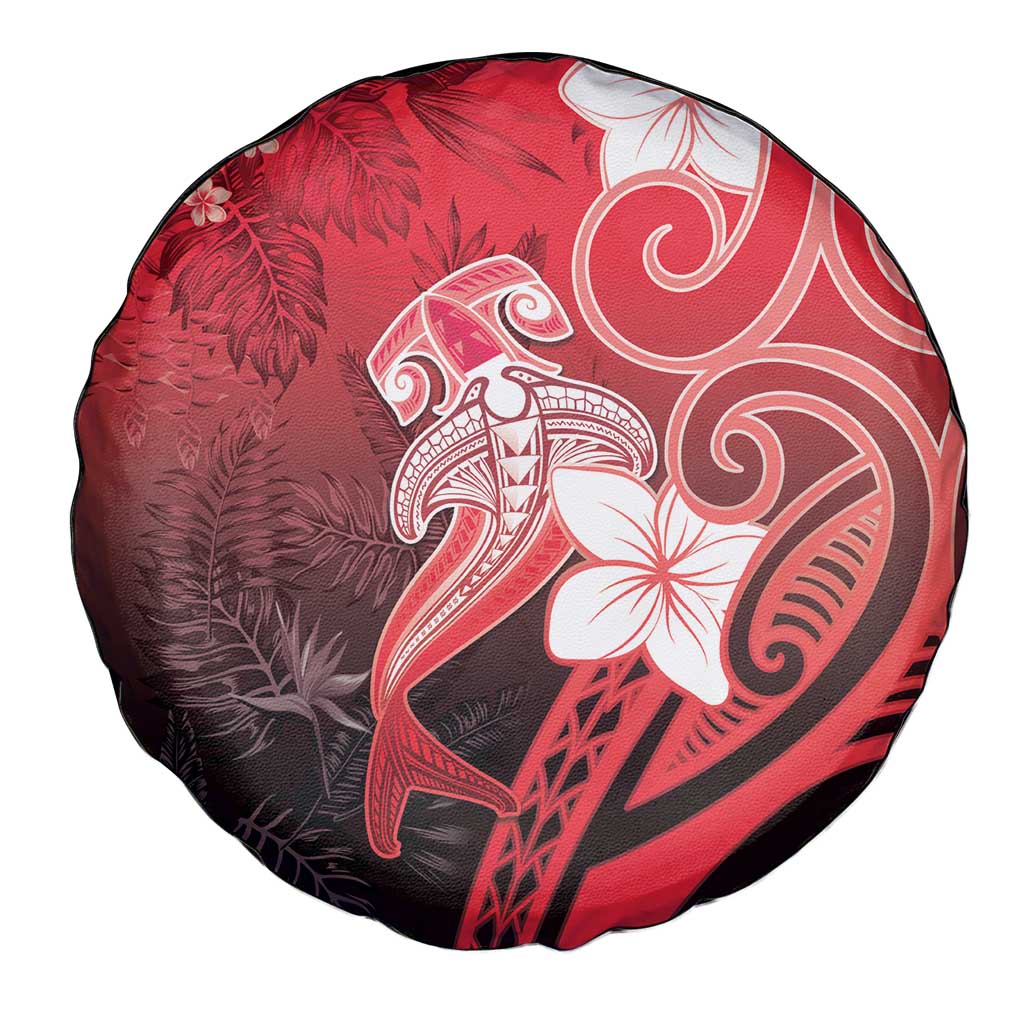 Polynesia Hammerhead Shark Spare Tire Cover Red Tribal Pattern With Plumeria - Polynesian Pride