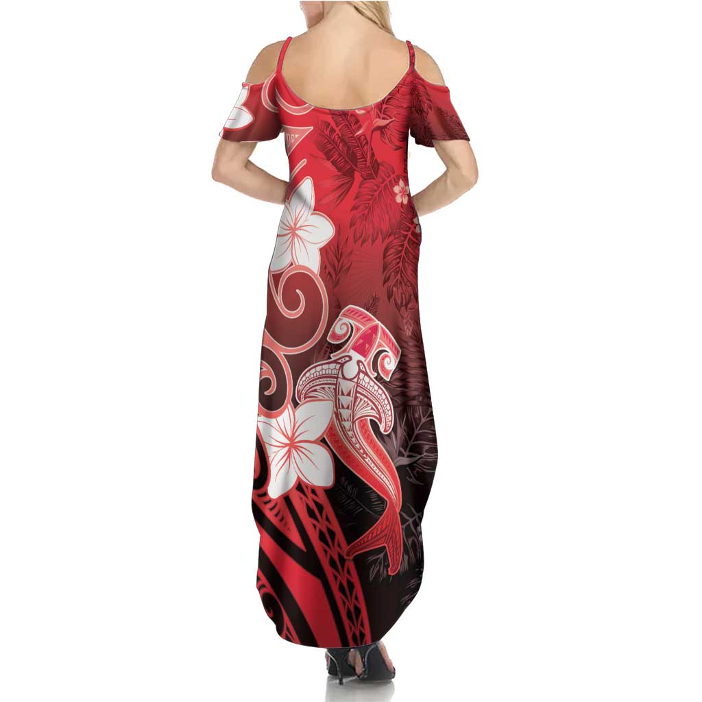 Polynesia Hammerhead Shark Summer Maxi Dress Red Tribal Pattern With Plumeria - Polynesian Pride