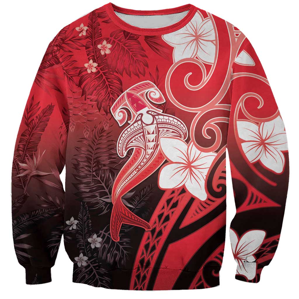 Polynesia Hammerhead Shark Sweatshirt Red Tribal Pattern With Plumeria LT05 Unisex Red - Polynesian Pride
