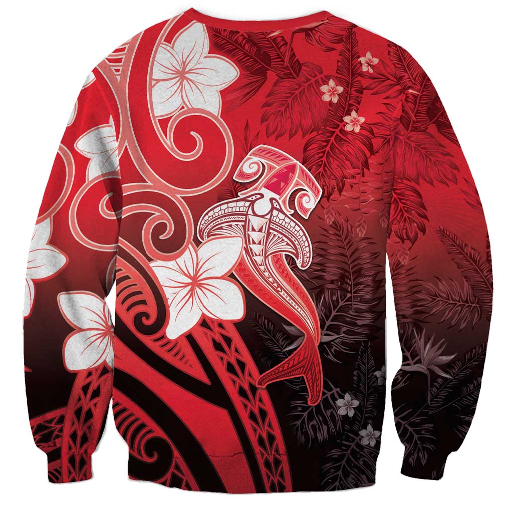 Polynesia Hammerhead Shark Sweatshirt Red Tribal Pattern With Plumeria LT05 - Polynesian Pride