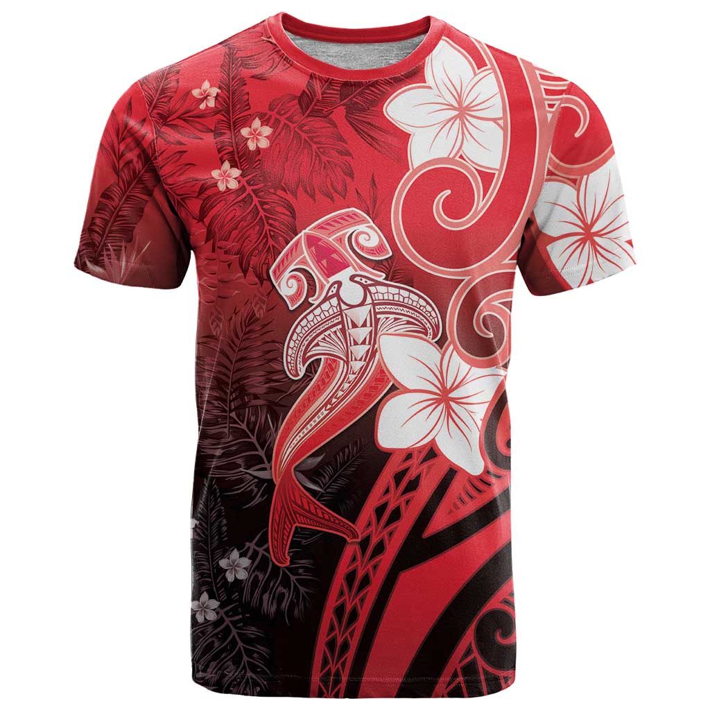 Polynesia Hammerhead Shark T Shirt Red Tribal Pattern With Plumeria - Polynesian Pride