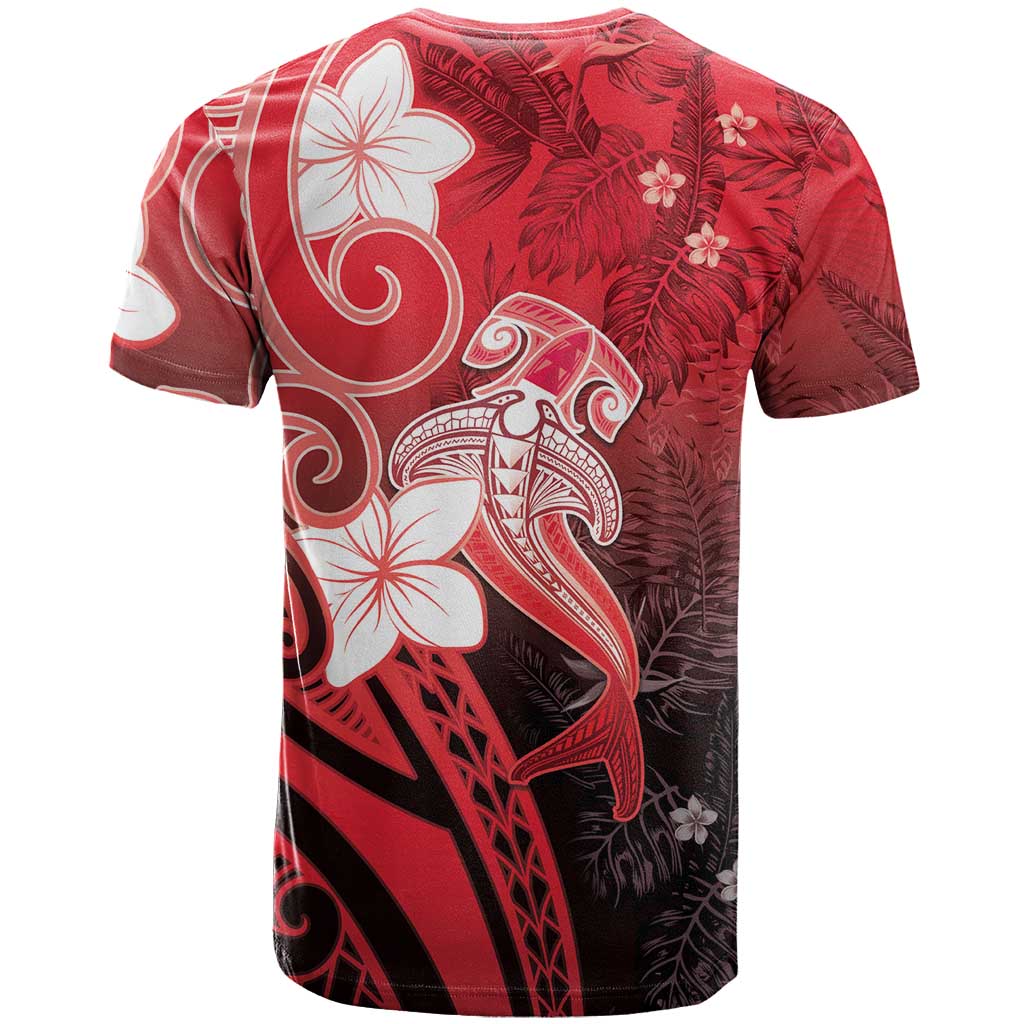 Polynesia Hammerhead Shark T Shirt Red Tribal Pattern With Plumeria - Polynesian Pride