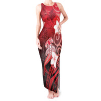 Polynesia Hammerhead Shark Tank Maxi Dress Red Tribal Pattern With Plumeria - Polynesian Pride