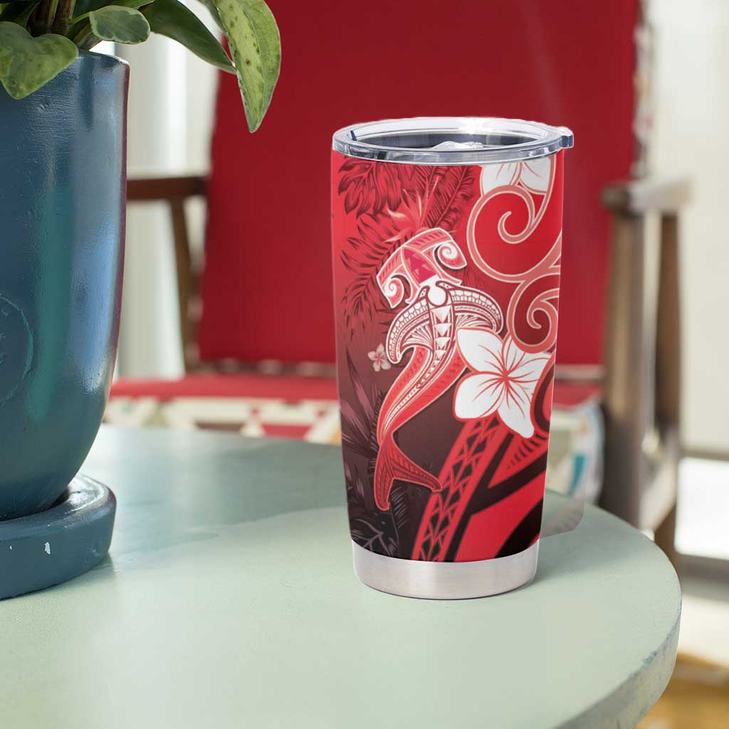 Polynesia Hammerhead Shark Tumbler Cup Red Tribal Pattern With Plumeria LT05 - Polynesian Pride