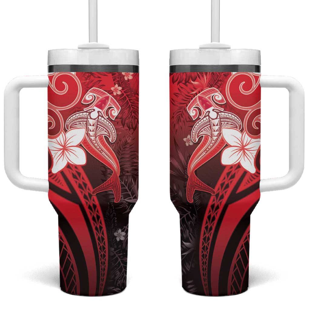 Polynesia Hammerhead Shark Tumbler With Handle Red Tribal Pattern With Plumeria - Polynesian Pride