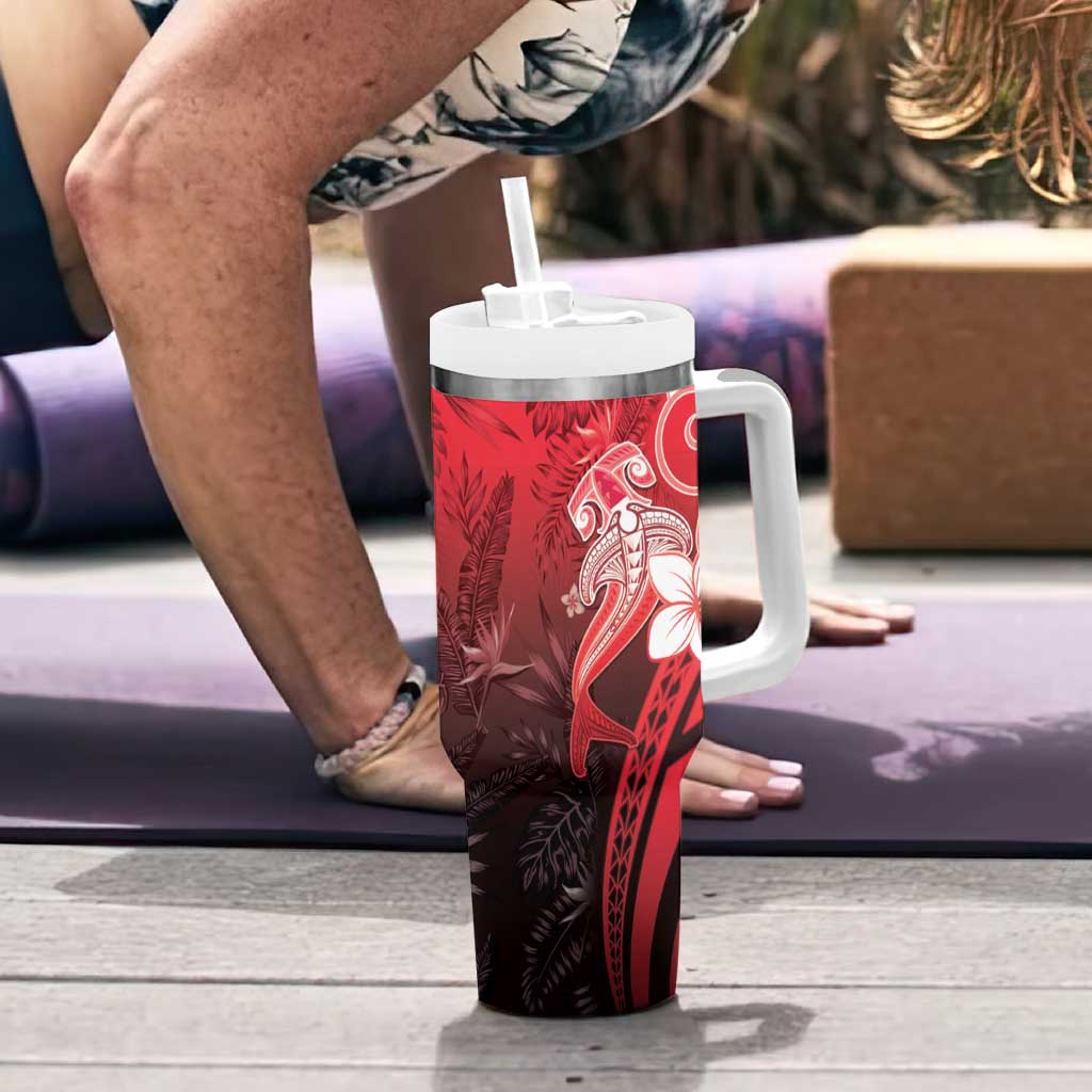 Polynesia Hammerhead Shark Tumbler With Handle Red Tribal Pattern With Plumeria - Polynesian Pride