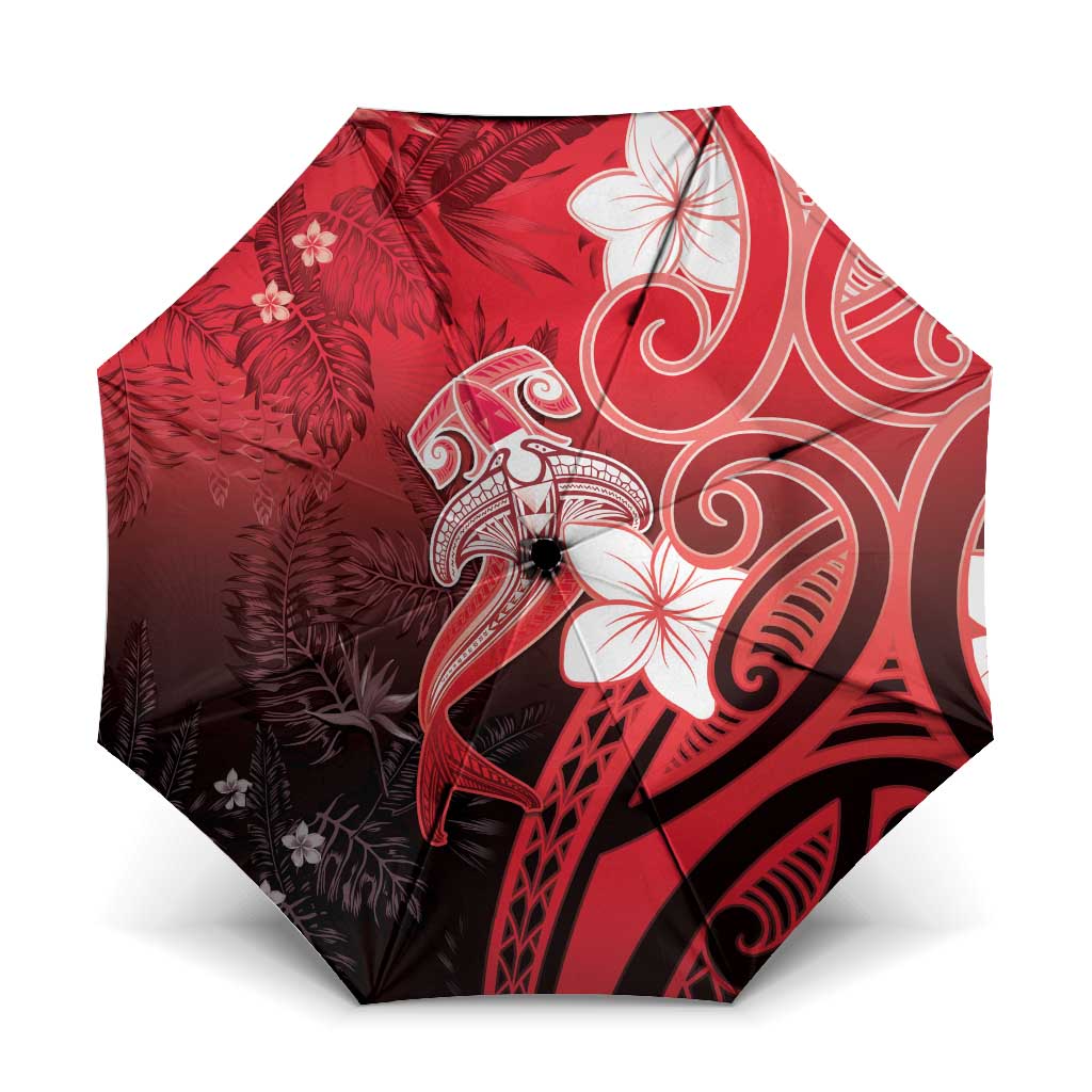 Polynesia Hammerhead Shark Umbrella Red Tribal Pattern With Plumeria - Polynesian Pride