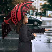 Polynesia Hammerhead Shark Umbrella Red Tribal Pattern With Plumeria - Polynesian Pride
